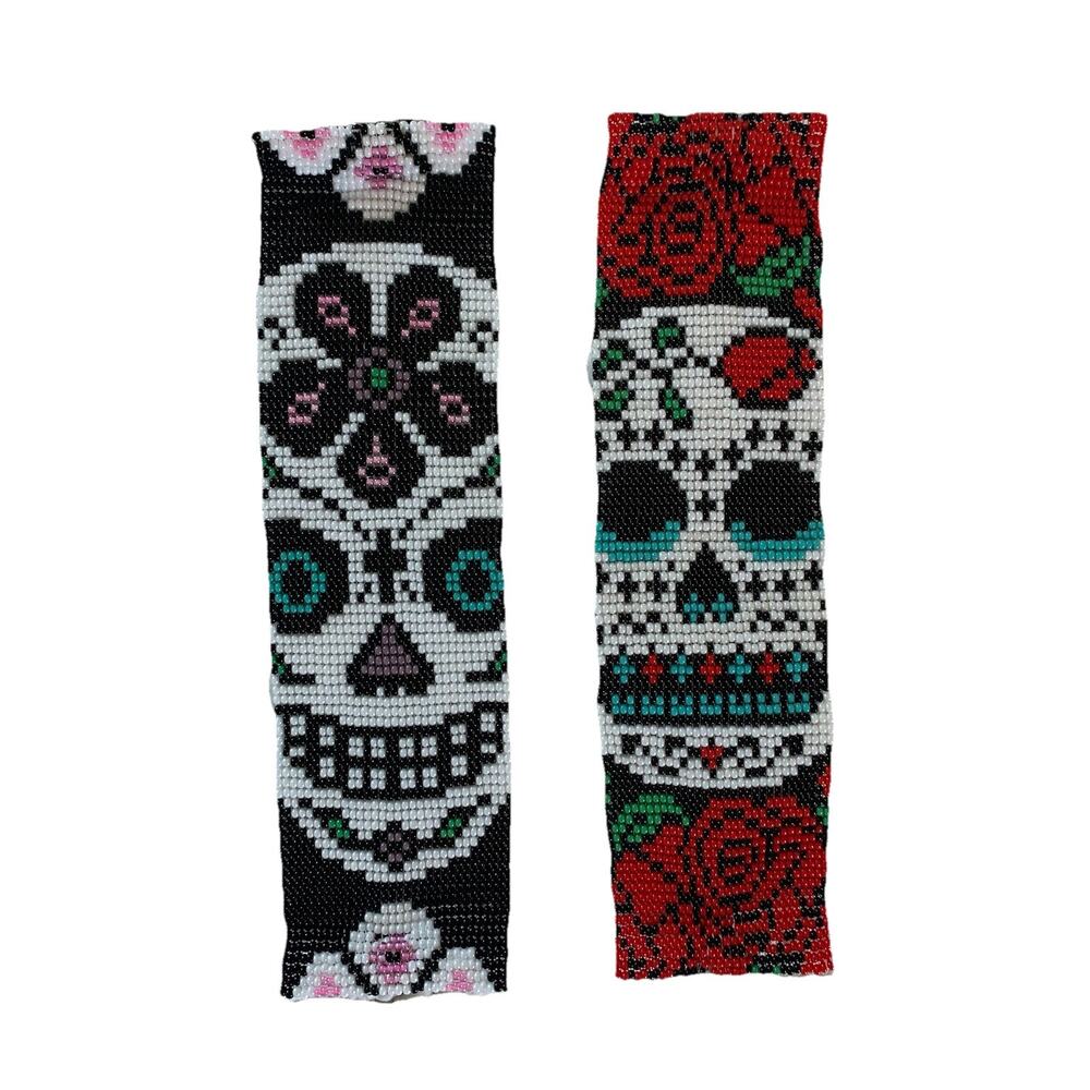 Set of 2 Handmade 7.5 Inch Sugar Skull Beaded Bracelets with Magnetic Clasps